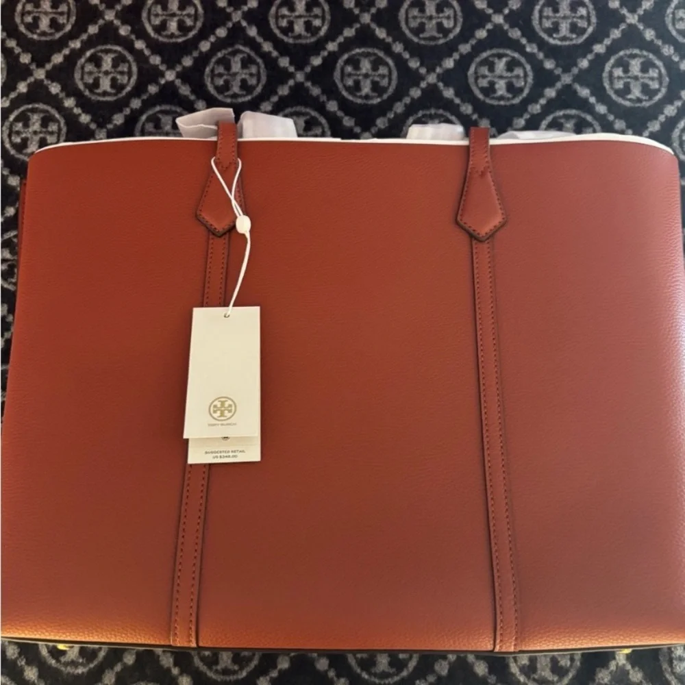 NWT Tory Burch Perry Triple Compartment Large Leather Tote Bag Sumac Orange Key - Picture 5 of 11
